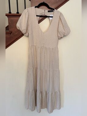 Beige Gingham Tiered Maxi Dress with Puff Sleeves